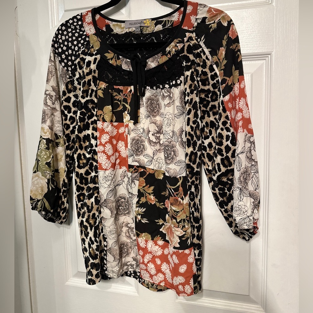 Anthropologie M Figuerca Flower BOHO Patchwork Prints Tunic Lace Animal Print